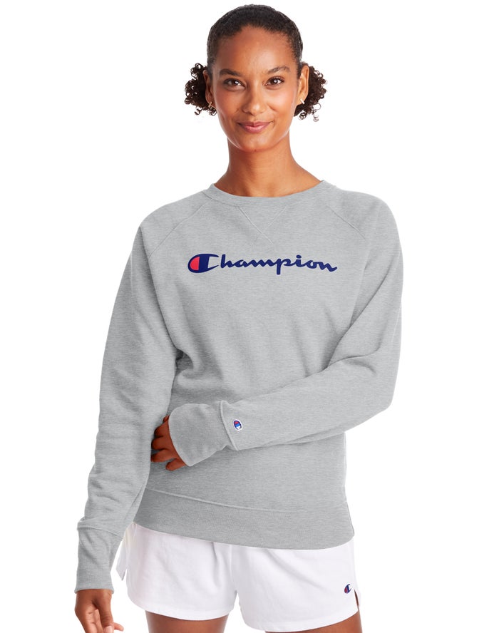 Champion Womens Sweatshirt NZ - Powerblend Fleece Classic Crew Script Logo Grey ( 9168-PURQX )